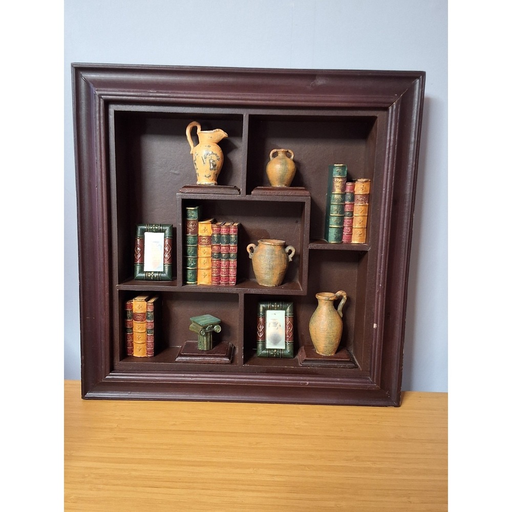 Vintage ‎ Wooden Open-Face Shadow Box Containing Books, Picture Frames And Jugs.